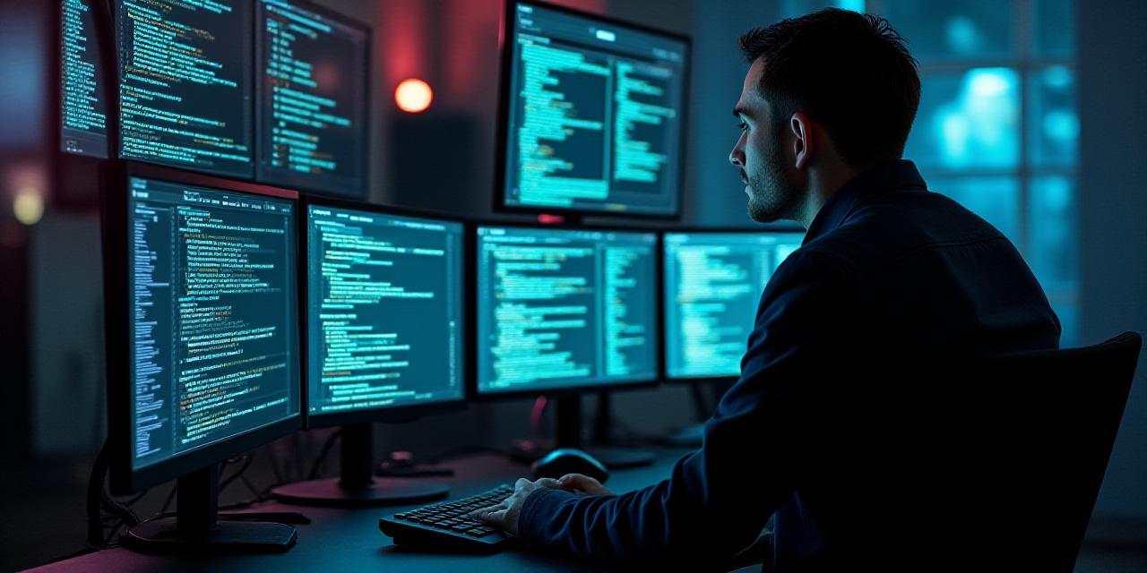 Cybersecurity analyst reviewing complex code on multiple monitors