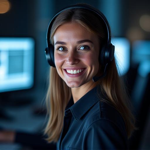 Friendly support agent with headset in dark mode environment